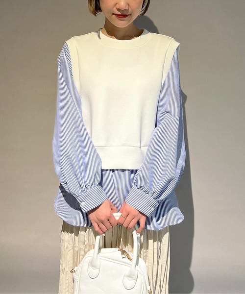 PICCIN（ピッチン）の「ストライプ切り替えダンボールニットプルオーバー（Tシャツ/カットソー・レディース・オフホワイト/ライトグレー・M）」の7枚目の写真