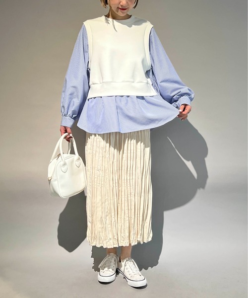 PICCIN（ピッチン）の「ストライプ切り替えダンボールニットプルオーバー（Tシャツ/カットソー・レディース・オフホワイト/ライトグレー・M）」の14枚目の写真