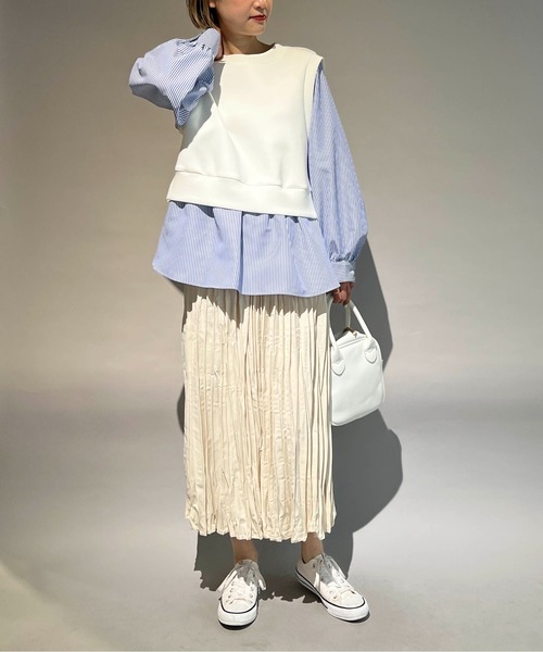 PICCIN（ピッチン）の「ストライプ切り替えダンボールニットプルオーバー（Tシャツ/カットソー・レディース・オフホワイト/ライトグレー・M）」の15枚目の写真