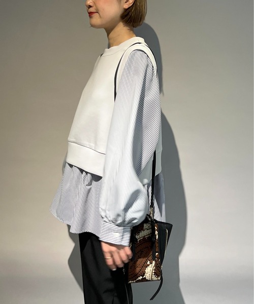 PICCIN（ピッチン）の「ストライプ切り替えダンボールニットプルオーバー（Tシャツ/カットソー・レディース・オフホワイト/ライトグレー・M）」の3枚目の写真