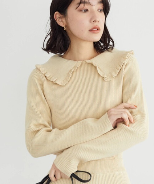 Green　Parks（グリーンパークス）の「・SUGAR SPOONエリツキリブニットプルオーバー＊（ニット/セーター・レディース・グレー/ブラック/ピンク/ベージュ・FREE）」の4枚目の写真