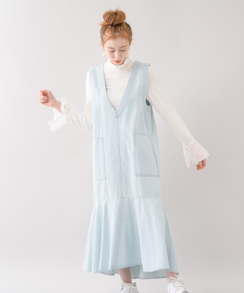 CLOCHE（クロシェ）の「cloche デニムロングフレアワンピース（ジャンパースカート・レディース・ベージュ/ブルー・FREE）」の15枚目の写真