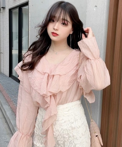 titty＆Co. PETIT by poyo（ティティーアンドコープティバイポヨ）の「【titty&Co.PETIT by POYO】ボリュームシフォンフリルブラウス（シャツ/ブラウス・レディース・ピンク/ホワイト・FREE）」の3枚目の写真