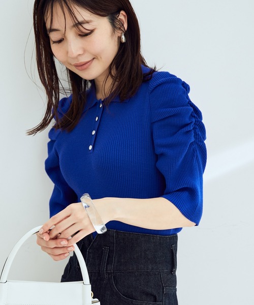 VIS（ビス）の「ボーダー＆無地パフスリーブポロニット（ニット