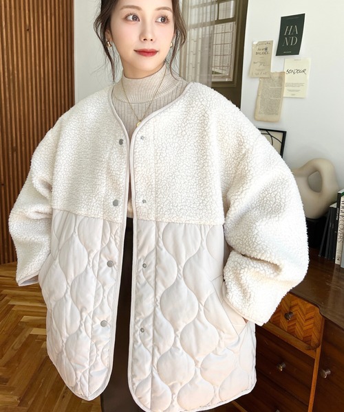 moment+（モーメントプラス）の「ボア切り替えキルティングコート（ノーカラージャケット・レディース・ブラック/カーキ/アイボリー/ベージュ・M/L）」の5枚目の写真