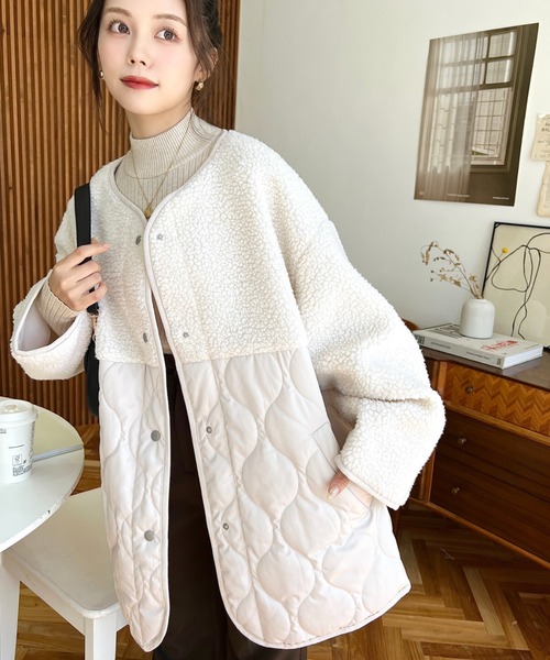 moment+（モーメントプラス）の「ボア切り替えキルティングコート（ノーカラージャケット・レディース・ブラック/カーキ/アイボリー/ベージュ・M/L）」の6枚目の写真