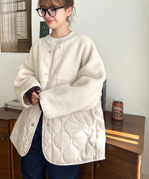 moment+（モーメントプラス）の「ボア切り替えキルティングコート（ノーカラージャケット・レディース・ブラック/カーキ/アイボリー/ベージュ・M/L）」の7枚目の写真