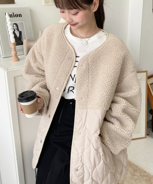 moment+（モーメントプラス）の「ボア切り替えキルティングコート（ノーカラージャケット・レディース・ブラック/カーキ/アイボリー/ベージュ・M/L）」の10枚目の写真