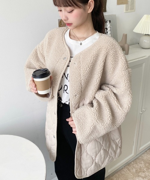 moment+（モーメントプラス）の「ボア切り替えキルティングコート（ノーカラージャケット・レディース・ブラック/カーキ/アイボリー/ベージュ・M/L）」の11枚目の写真