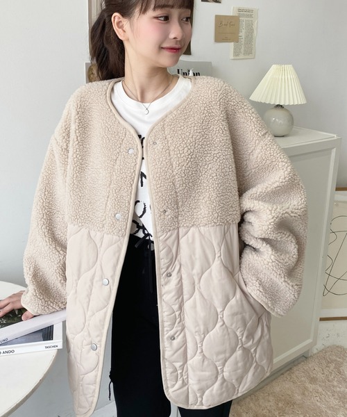 moment+（モーメントプラス）の「ボア切り替えキルティングコート（ノーカラージャケット・レディース・ブラック/カーキ/アイボリー/ベージュ・M/L）」の12枚目の写真