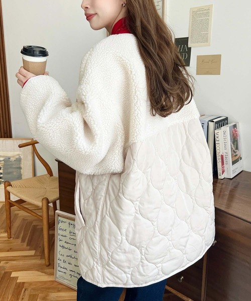 moment+（モーメントプラス）の「ボア切り替えキルティングコート（ノーカラージャケット・レディース・ブラック/カーキ/アイボリー/ベージュ・M/L）」の13枚目の写真