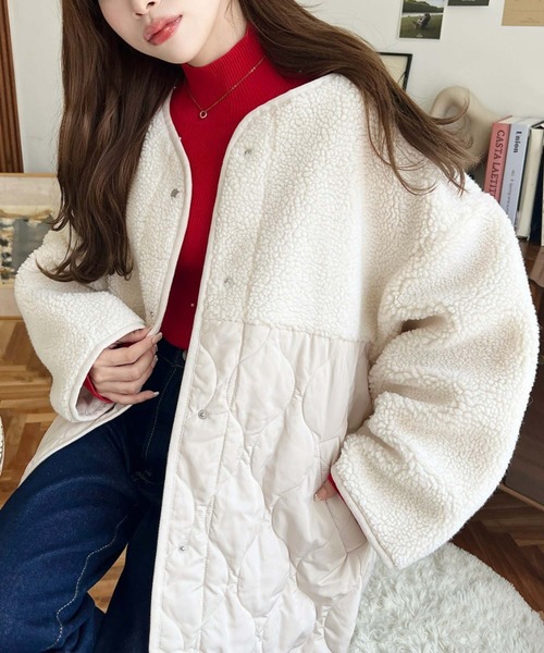 moment+（モーメントプラス）の「ボア切り替えキルティングコート（ノーカラージャケット・レディース・ブラック/カーキ/アイボリー/ベージュ・M/L）」の14枚目の写真