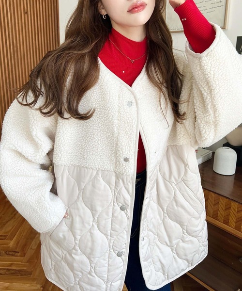 moment+（モーメントプラス）の「ボア切り替えキルティングコート（ノーカラージャケット・レディース・ブラック/カーキ/アイボリー/ベージュ・M/L）」の15枚目の写真