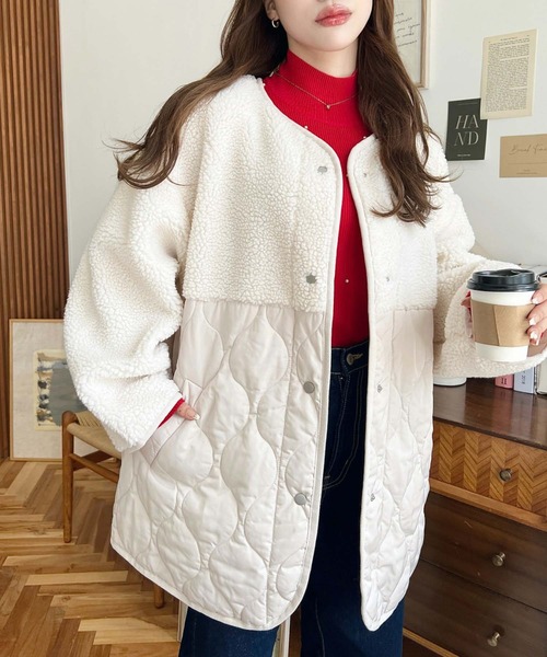 moment+（モーメントプラス）の「ボア切り替えキルティングコート（ノーカラージャケット・レディース・ブラック/カーキ/アイボリー/ベージュ・M/L）」の16枚目の写真