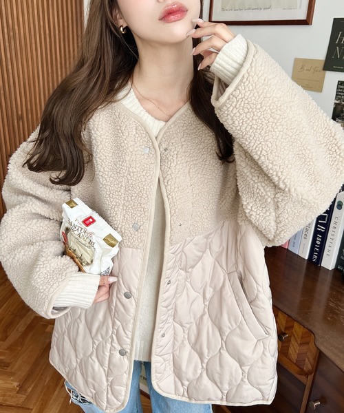 moment+（モーメントプラス）の「ボア切り替えキルティングコート（ノーカラージャケット・レディース・ブラック/カーキ/アイボリー/ベージュ・M/L）」の18枚目の写真