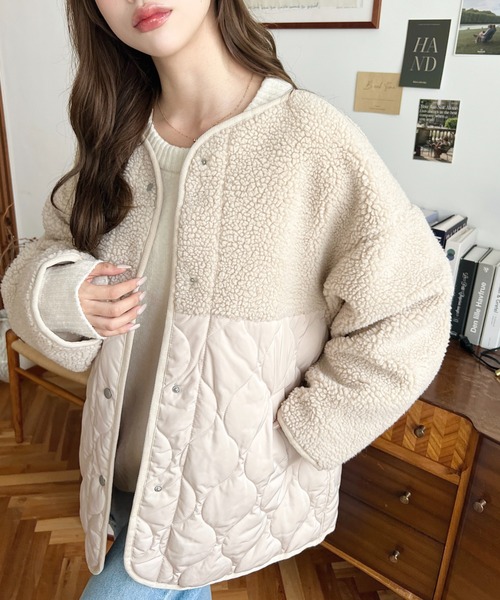 moment+（モーメントプラス）の「ボア切り替えキルティングコート（ノーカラージャケット・レディース・ブラック/カーキ/アイボリー/ベージュ・M/L）」の19枚目の写真