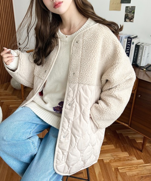 moment+（モーメントプラス）の「ボア切り替えキルティングコート（ノーカラージャケット・レディース・ブラック/カーキ/アイボリー/ベージュ・M/L）」の20枚目の写真