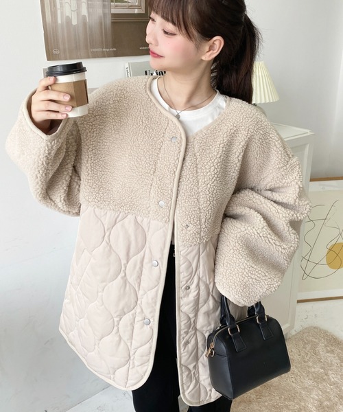 moment+（モーメントプラス）の「ボア切り替えキルティングコート（ノーカラージャケット・レディース・ブラック/カーキ/アイボリー/ベージュ・M/L）」の21枚目の写真