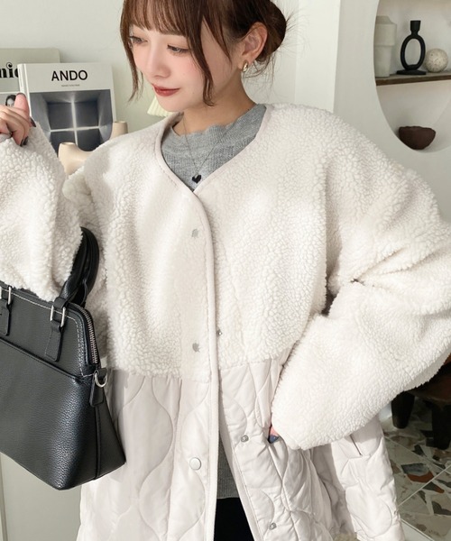 セール】ボア切り替えキルティングコート（ノーカラージャケット