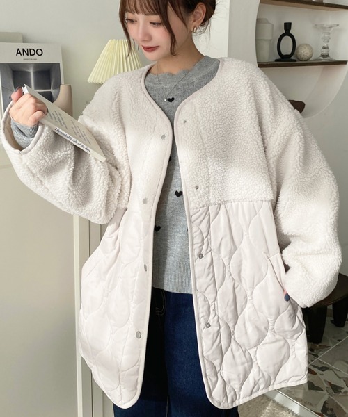 セール】ボア切り替えキルティングコート（ノーカラージャケット
