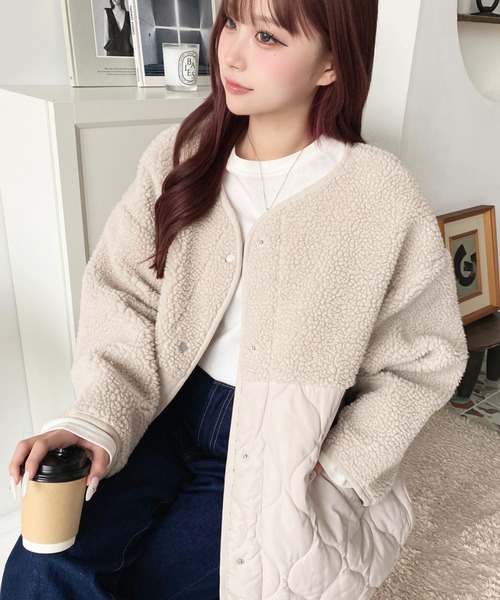 キルティング デニム ボア 切り替え レイヤード gジャン ミリタリー