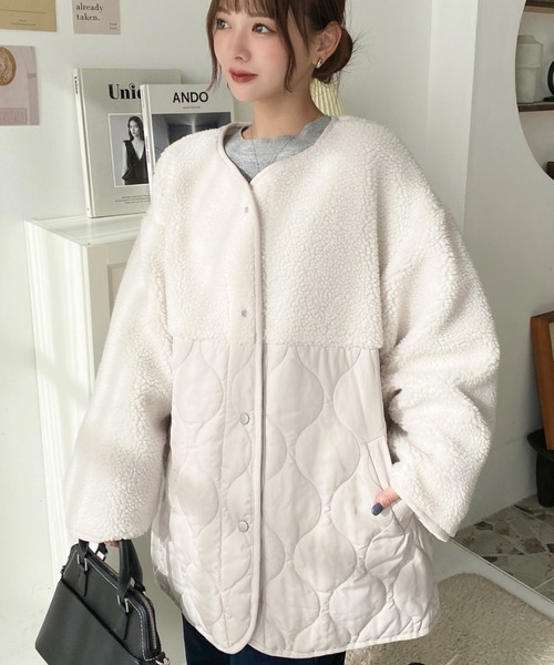 セール】ボア切り替えキルティングコート（ノーカラージャケット