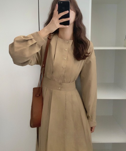 タック入り★ポンテ生地★ロングワンピース★ BADGLEY MISCHKA USAGI ONLINEコラボ＞タックスリーブワンピース（膝丈/ミディ丈