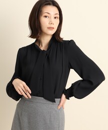【洗える/日本製/通勤】袖口シャーリング ボウタイブラウス
