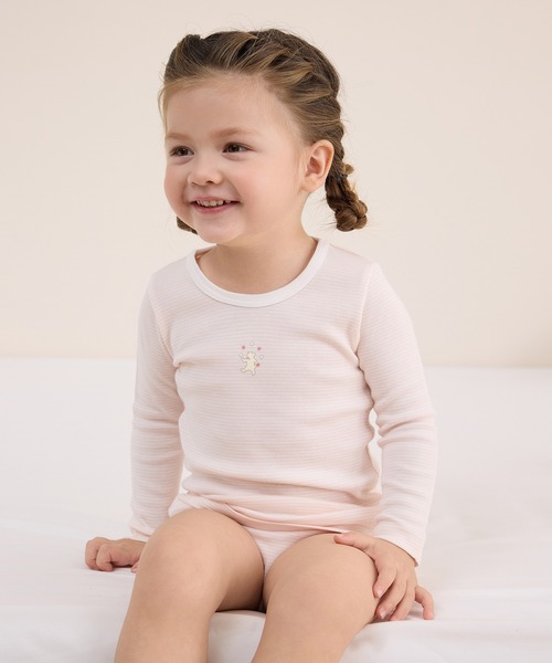 combimini(コンビミニ)の「長袖Tシャツ(ミジンボーダー)(Tシャツ/カットソー・キッズ・ライトピンク/ミント・100/80/130/110/120/90/140)」の1枚目の写真
