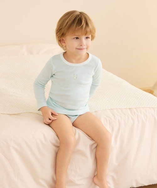 combimini(コンビミニ)の「長袖Tシャツ(ミジンボーダー)(Tシャツ/カットソー・キッズ・ライトピンク/ミント・100/80/130/110/120/90/140)」の2枚目の写真