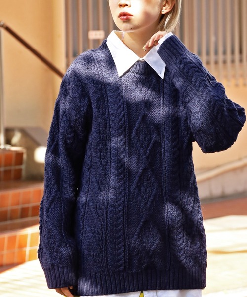 Oldderby Knitwear（オールダービーニットウェア）の「OLDDERBY KNITWEAR/オールドダービーニットウェア ケーブルニットプルオーバー（ニット/セーター・レディース・ネイビー/サンドグレー・S/XL）」の9枚目の写真