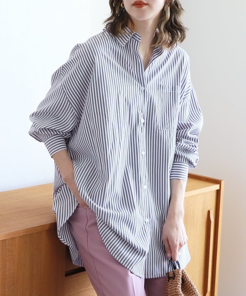 reca（レカ）の「アソート柄ストライプビッグシルエットシャツ（シャツ/ブラウス・レディース・ライトグリーン/ブルー/ネイビー・FREE）」の2枚目の写真