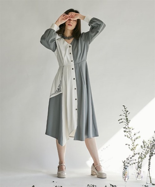 axes femme(アクシーズファム)の「チョーカー風バイカラーワンピース(シャツワンピース・レディース・グリーン/ネイビー/ブラック・FREE)」の3枚目の写真