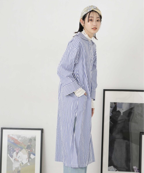 NANO universe（ナノユニバース）の「LB.04/サイドスリットストライプワンピース（シャツワンピース・レディース・ベージュ/ブルー/ネイビー・FREE）」の8枚目の写真