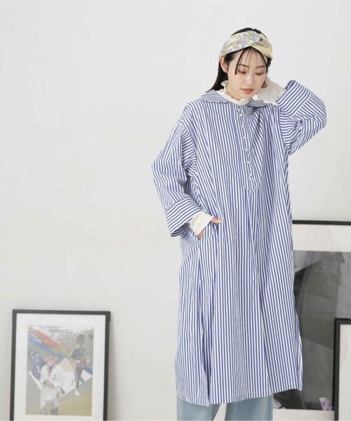 NANO universe（ナノユニバース）の「LB.04/サイドスリットストライプワンピース（シャツワンピース・レディース・ベージュ/ブルー/ネイビー・FREE）」の5枚目の写真