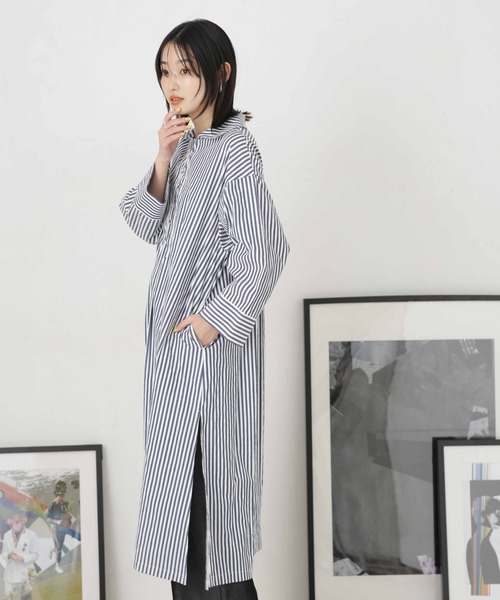 NANO universe（ナノユニバース）の「LB.04/サイドスリットストライプワンピース（シャツワンピース・レディース・ベージュ/ブルー/ネイビー・FREE）」の19枚目の写真