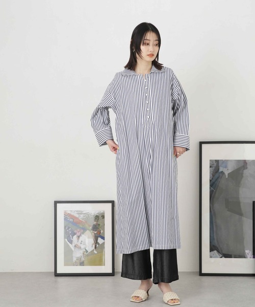 NANO universe（ナノユニバース）の「LB.04/サイドスリットストライプワンピース（シャツワンピース・レディース・ベージュ/ブルー/ネイビー・FREE）」の16枚目の写真