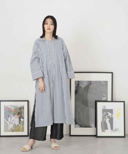 NANO universe（ナノユニバース）の「LB.04/サイドスリットストライプワンピース（シャツワンピース・レディース・ベージュ/ブルー/ネイビー・FREE）」の14枚目の写真