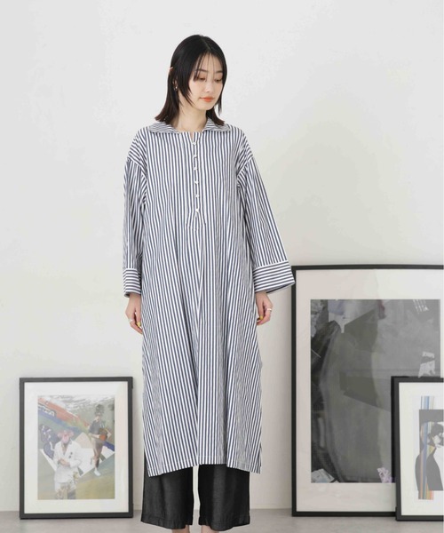 NANO universe（ナノユニバース）の「LB.04/サイドスリットストライプワンピース（シャツワンピース・レディース・ベージュ/ブルー/ネイビー・FREE）」の9枚目の写真