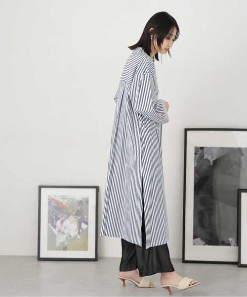 NANO universe（ナノユニバース）の「LB.04/サイドスリットストライプワンピース（シャツワンピース・レディース・ベージュ/ブルー/ネイビー・FREE）」の6枚目の写真