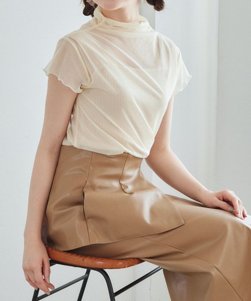 pomiii(ポミー)の「シアーハイネックトップス(Tシャツ/カットソー・レディース・ピンク/アイボリー・FREE)」の1枚目の写真