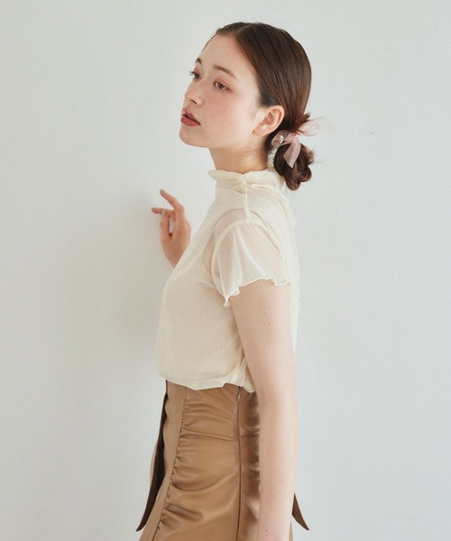 pomiii(ポミー)の「シアーハイネックトップス(Tシャツ/カットソー・レディース・ピンク/アイボリー・FREE)」の7枚目の写真