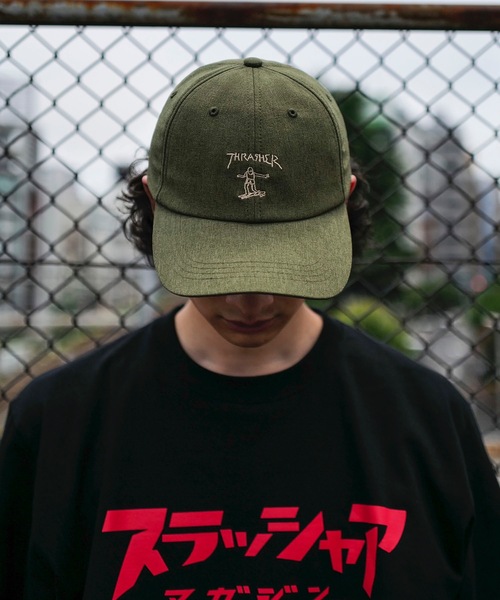 THRASHER（スラッシャー）の「GONS ART 6P DAD CAP/スラッシャーフロントGONSアート・デザイン６パネルキャップ（キャップ・メンズ・ブラック/ベージュ/オリーブ/ピンク・FREE）」の3枚目の写真