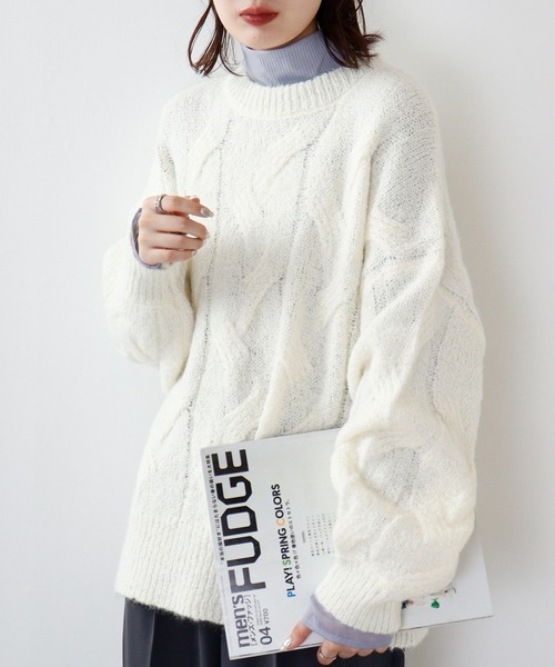 hunch(ハンチ)の「hunch ブークレ3G W/A/N/T 透かし編みPO(ニット/セーター・レディース・ベージュ/オフホワイト/オレンジ/グリーン・FREE)」の5枚目の写真