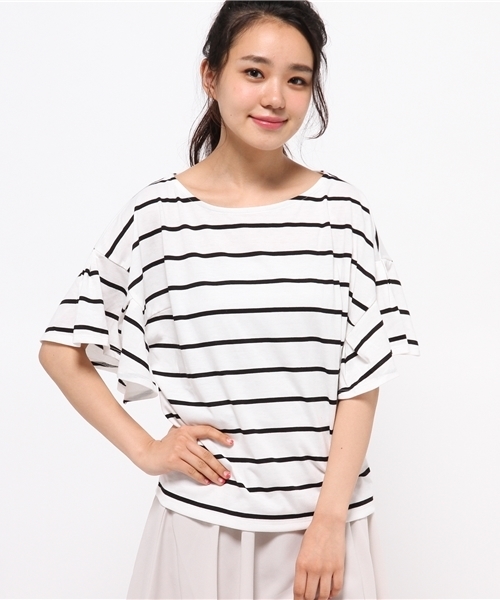 Chico（チコ）の「ボーダーラッフル袖TOPS（Tシャツ/カットソー・レディース・ネイビー/ブラック・FREE）」の6枚目の写真