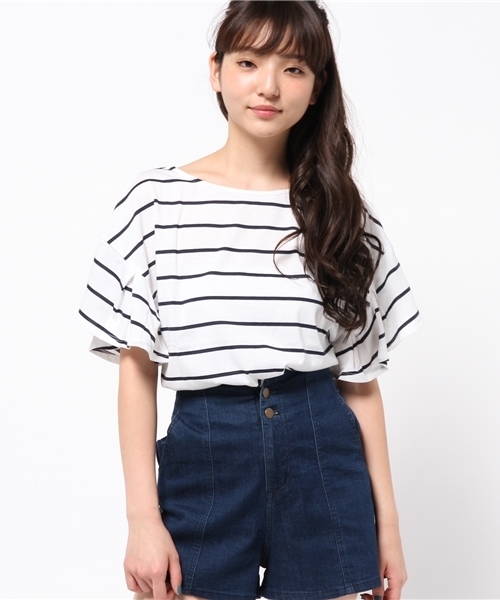 Chico（チコ）の「ボーダーラッフル袖TOPS（Tシャツ/カットソー・レディース・ネイビー/ブラック・FREE）」の2枚目の写真