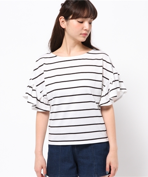 Chico（チコ）の「ボーダーラッフル袖TOPS（Tシャツ/カットソー・レディース・ネイビー/ブラック・FREE）」の7枚目の写真