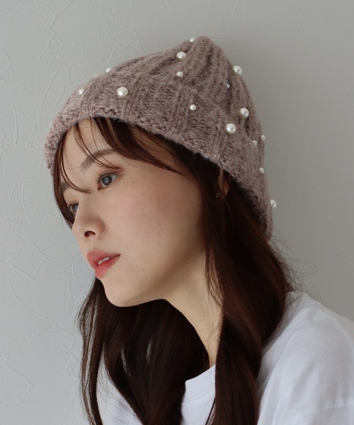 BLUEEAST(ブルーイースト)の「パール付きリブニット帽(ニットキャップ/ビーニー・レディース・モカ/グレー/ブラック/ホワイト・FREE)」の8枚目の写真