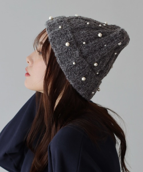 BLUEEAST(ブルーイースト)の「パール付きリブニット帽(ニットキャップ/ビーニー・レディース・モカ/グレー/ブラック/ホワイト・FREE)」の6枚目の写真