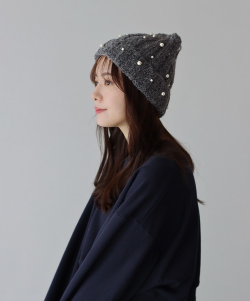 BLUEEAST(ブルーイースト)の「パール付きリブニット帽(ニットキャップ/ビーニー・レディース・モカ/グレー/ブラック/ホワイト・FREE)」の7枚目の写真